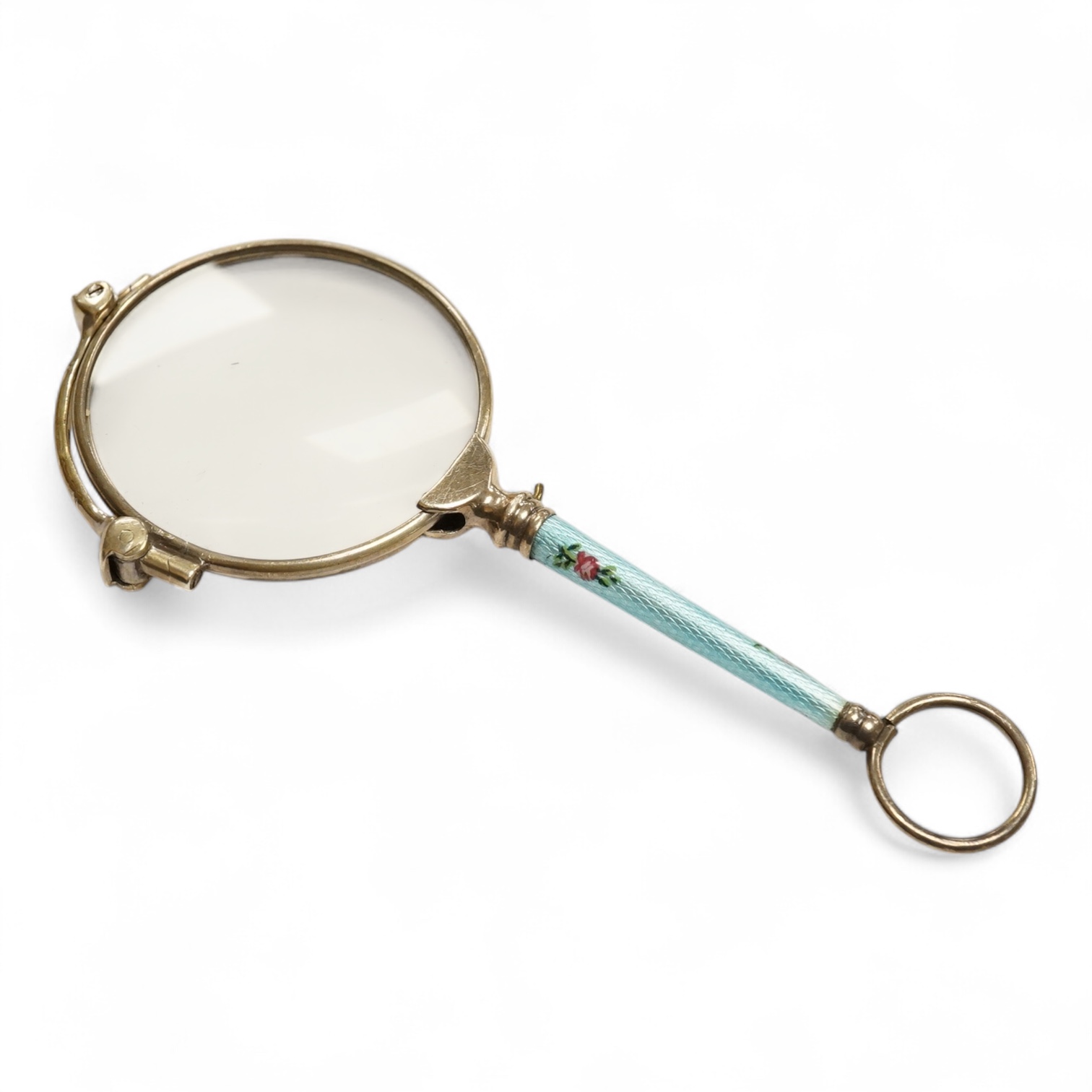 A pair of Continental silver and guilloche enamel lorgnettes, 10cm in length